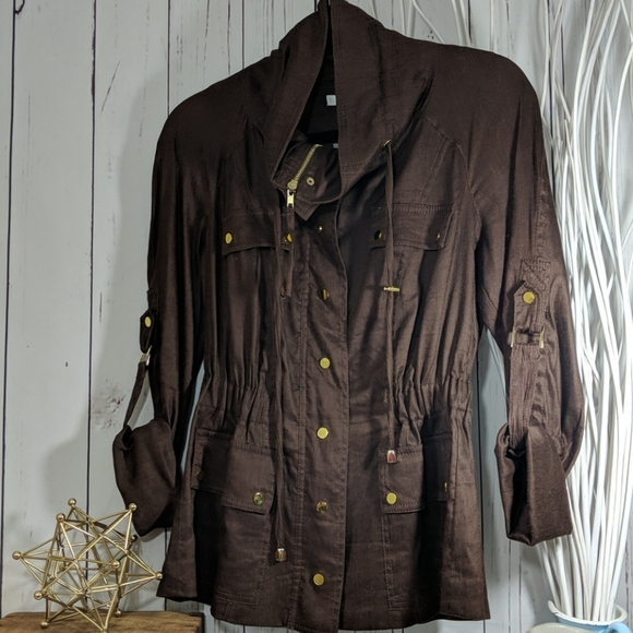 Cache Brown Linen Lightweight Fall Jacket Gold Accents XS Quiet Luxury Rich NWT - Picture 5 of 16